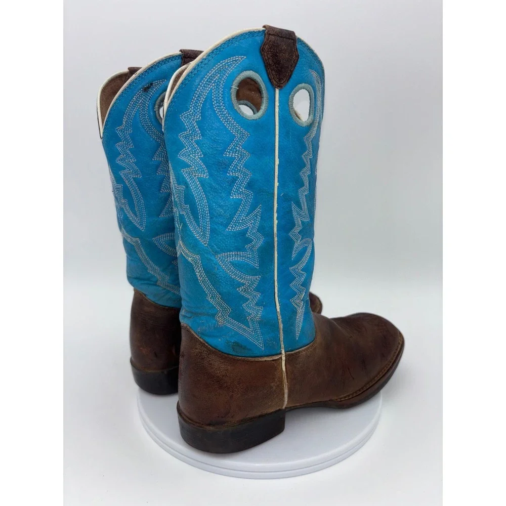 JUSTIN Kids Cowboy Boot Western Little Boy Youth 2 Brown Blue Leather Square Toe